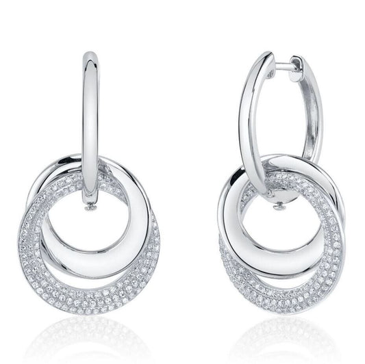 14K White Gold Diamond Circle Drop Dangling Earrings