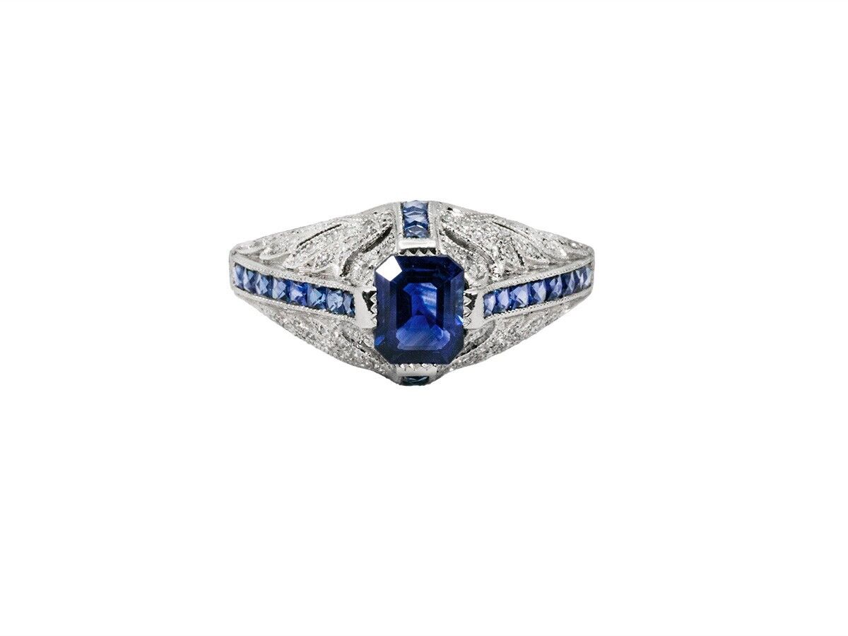 Blue Sapphire Diamond Platinum Art Deco Engagement Ring