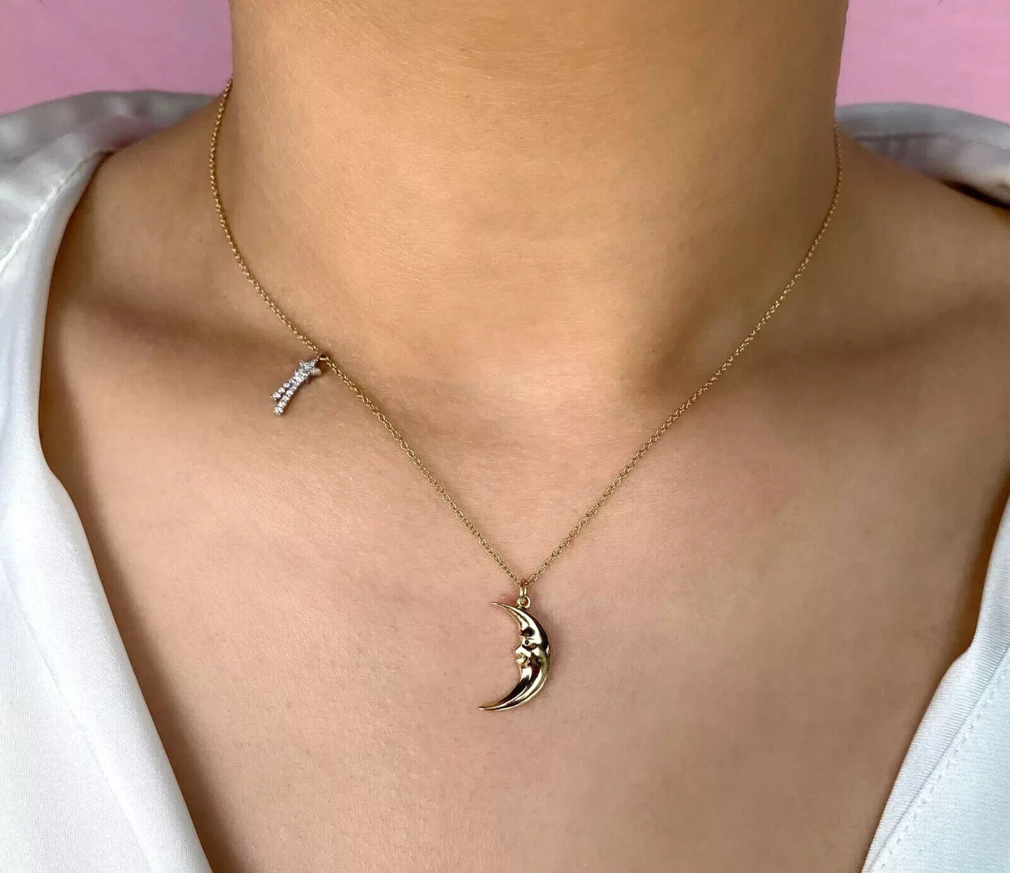 14K Gold Diamond Shooting Star & Crescent Moon Necklace
