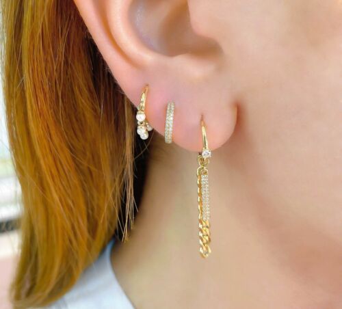 14K Yellow Gold Pearl Huggie Shaker Earrings Dangle