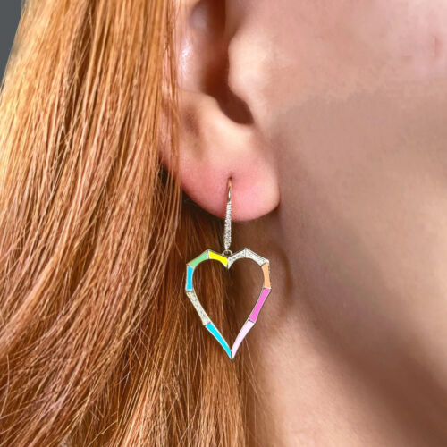 14K Gold 0.19 CT Diamond Multi Color Enamel Heart Earrings