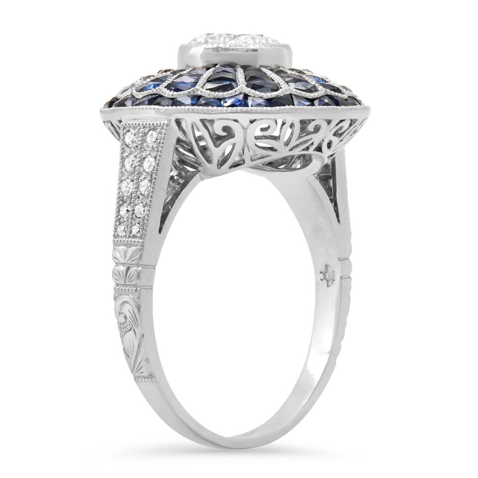Art Deco Old Mine European Diamond Sapphire Platinum Ring Natural