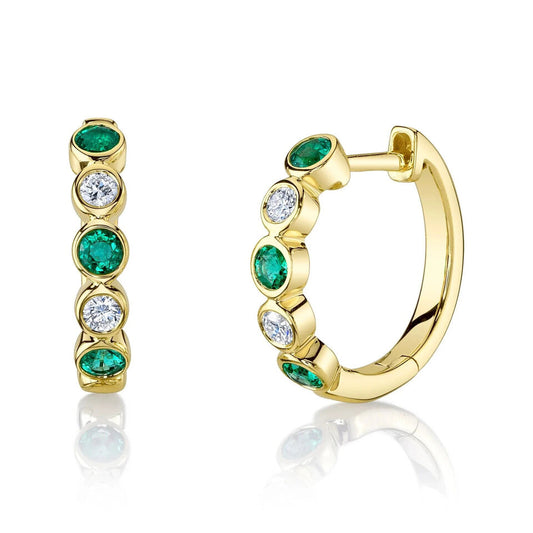 14K Gold 0.50 CT Diamond Emerald Huggie Earrings