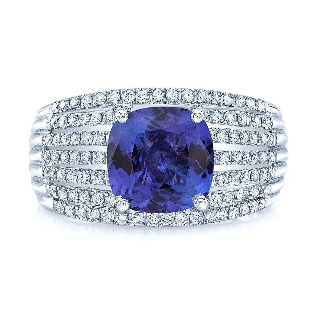 Cushion Tanzanite Diamond Ring 18K White Gold Certified Natural