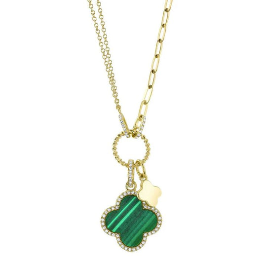 14K Gold Diamond Malachite Clover Necklace