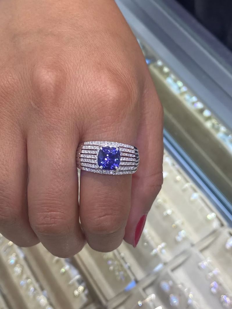 Cushion Tanzanite Diamond Ring 18K White Gold Certified Natural