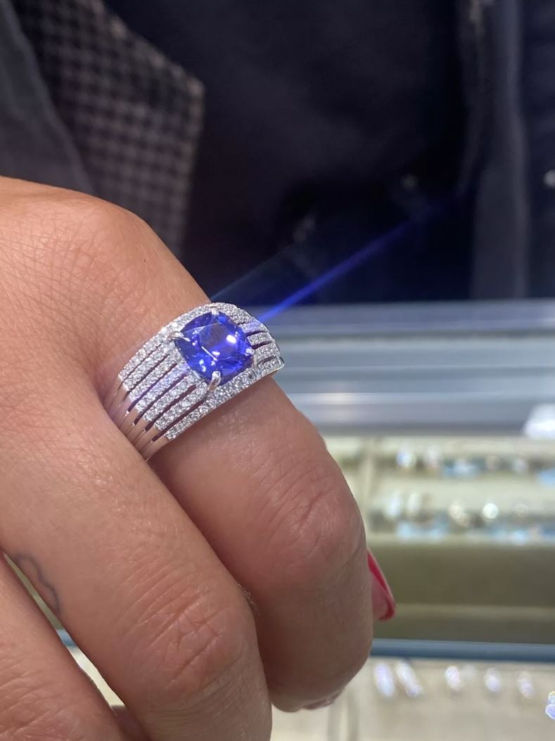 Cushion Tanzanite Diamond Ring 18K White Gold Certified Natural