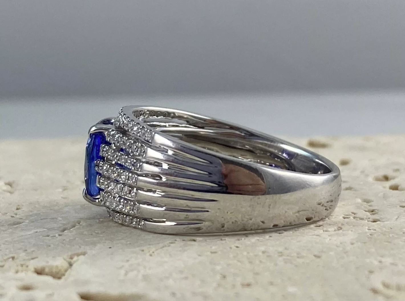 Cushion Tanzanite Diamond Ring 18K White Gold Certified Natural