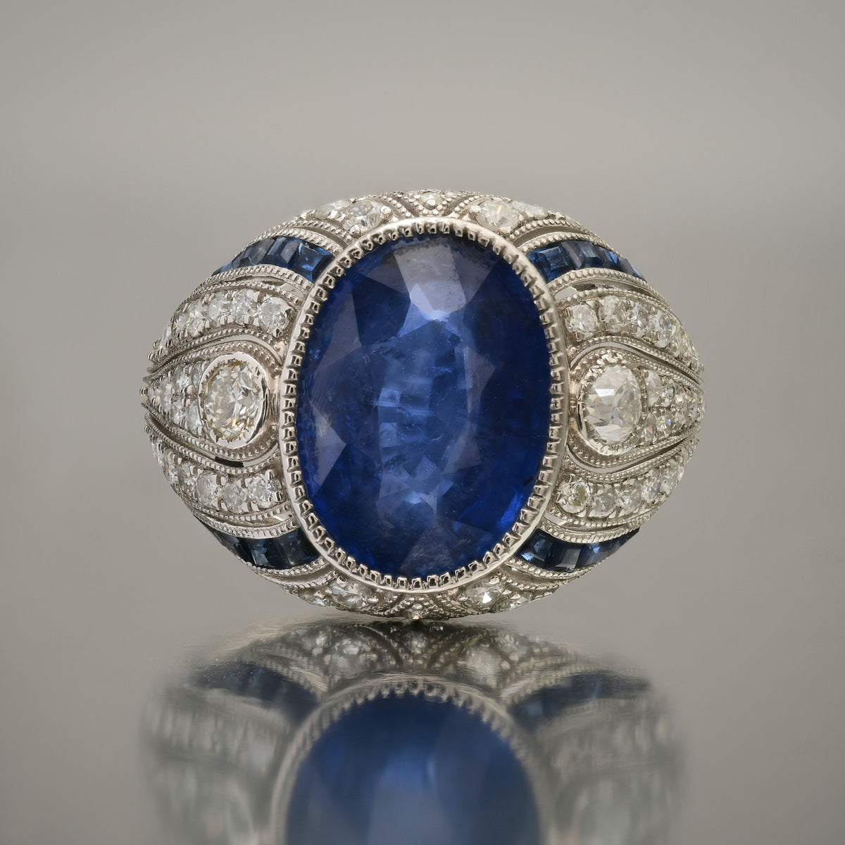 Art Deco Style Oval Sapphire Diamond Platinum Ring GIA Certified 6.97CTW Natural