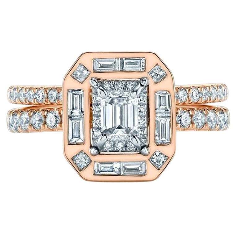 14K Rose Gold Emerald Cut Diamond Engagement Ring Bridal Set Wedding Band