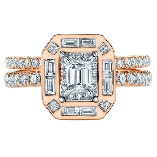 14K Rose Gold Emerald Cut Diamond Engagement Ring Bridal Set Wedding Band