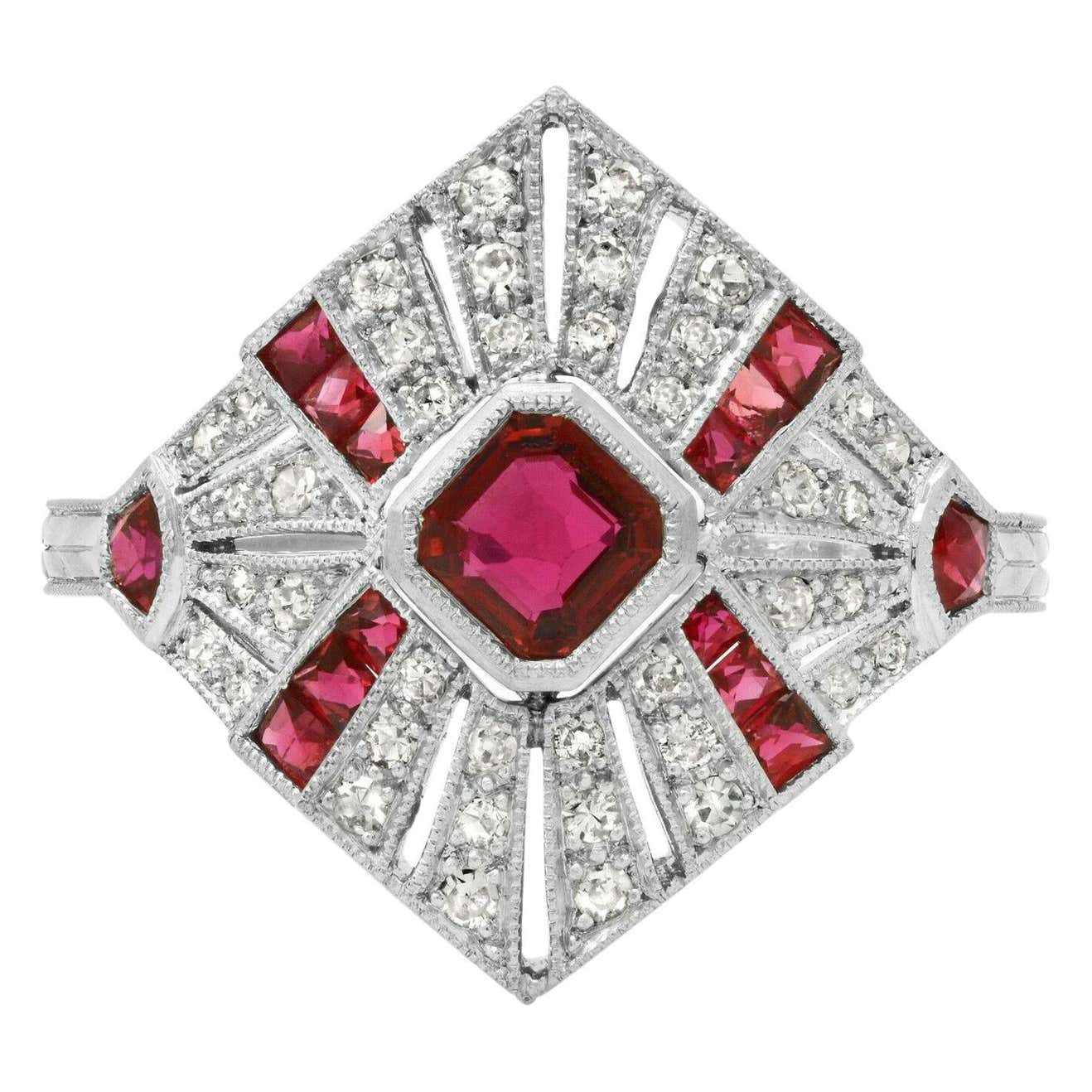Art Deco Square Cut Ruby Diamond Platinum Engagement Ring