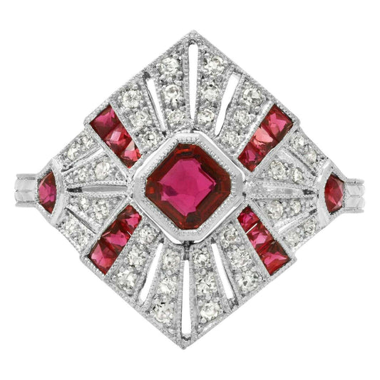 Art Deco Square Cut Ruby Diamond Platinum Engagement Ring
