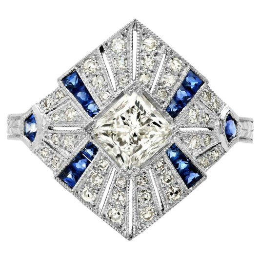 Art Deco Princess Cut Diamond Sapphire Platinum Engagement Ring