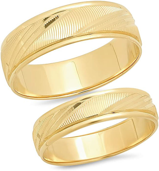 14K Solid Yellow Gold His & Hers Matching Wedding Band Ring Set Laser Cut
