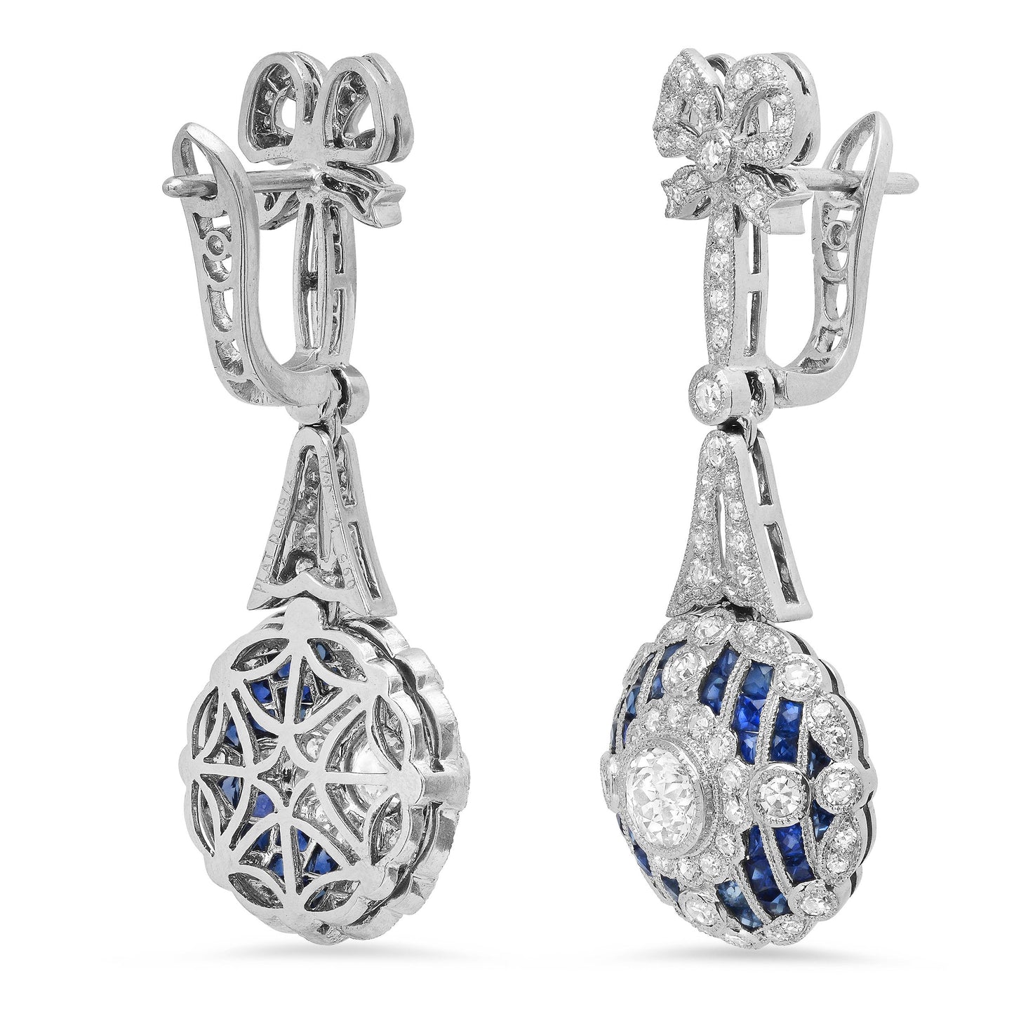 Art Deco Diamond Blue Sapphire Platinum Earrings Old Mine European Cut