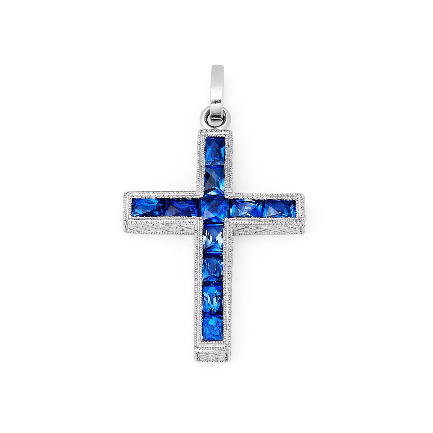 Art Deco Blue Sapphire Cross Platinum Pendant Necklace Handmade Engraved