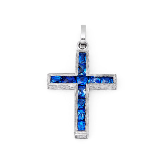 Art Deco Blue Sapphire Cross Platinum Pendant Necklace Handmade Engraved