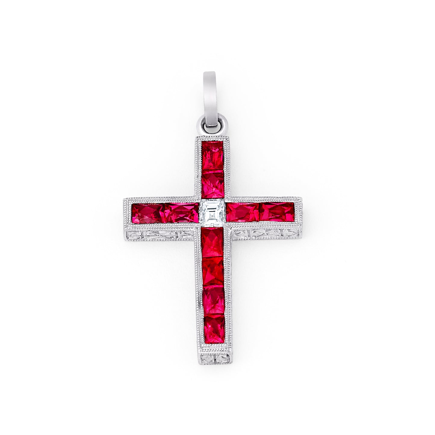 Art Deco Ruby Diamond Cross Platinum Pendant Necklace Chain Included