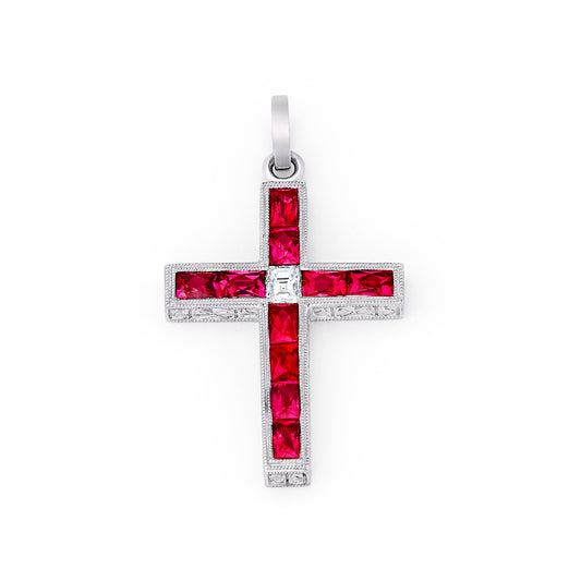 Art Deco Ruby Diamond Cross Platinum Pendant Necklace Chain Included