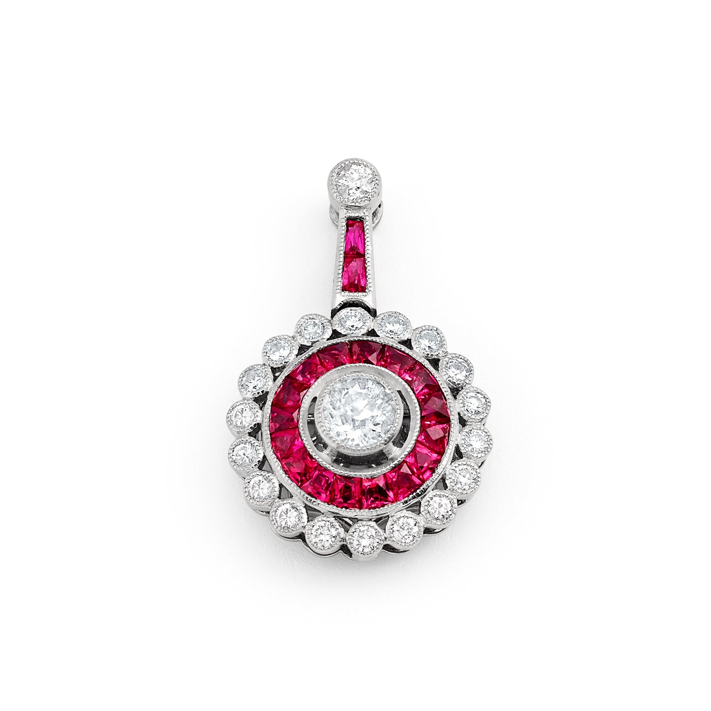 Art Deco French Cut Ruby Diamond Pendant Necklace Platinum Natural Chain Included