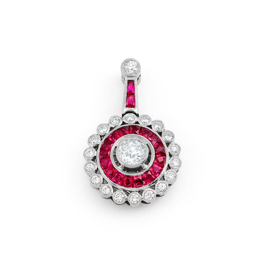 Art Deco French Cut Ruby Diamond Pendant Necklace Platinum Natural Chain Included