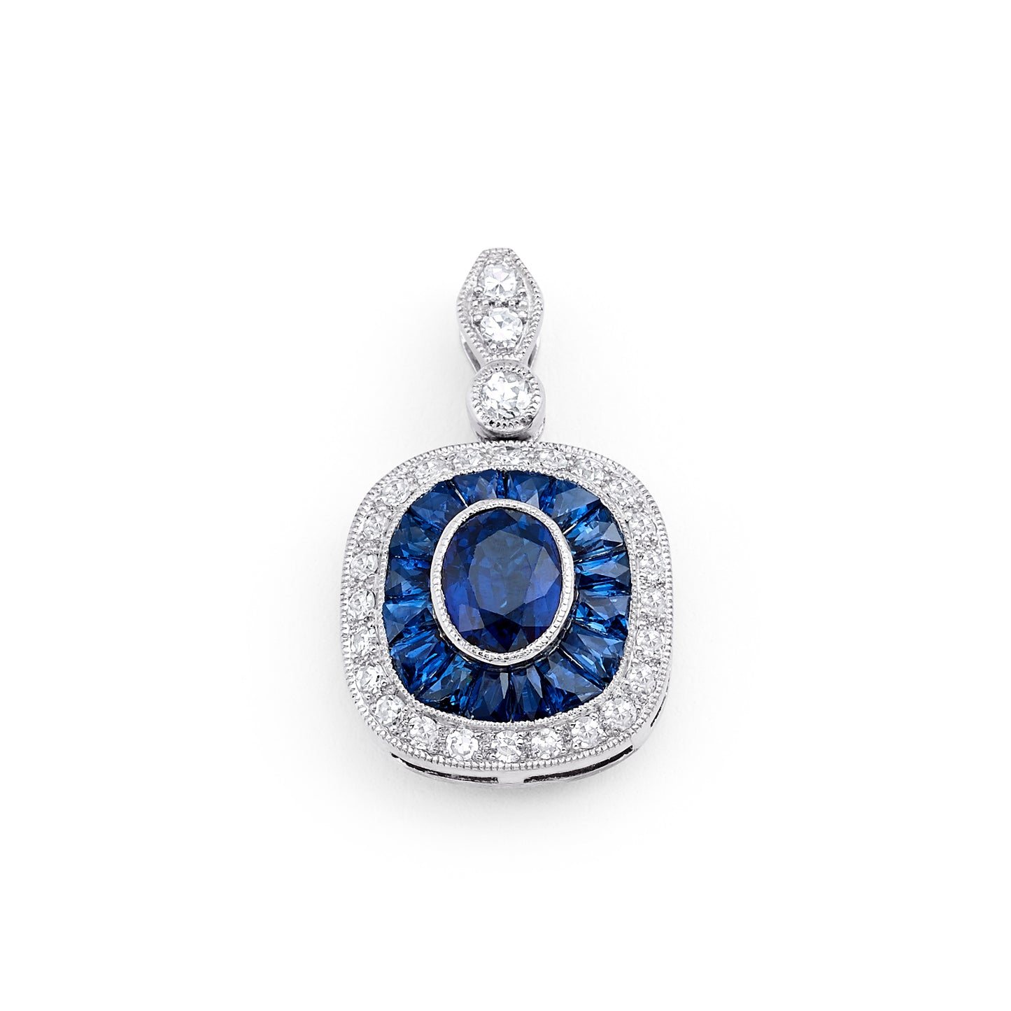 Art Deco Blue Sapphire Diamond Platinum Pendant Necklace French Cut Baguettes