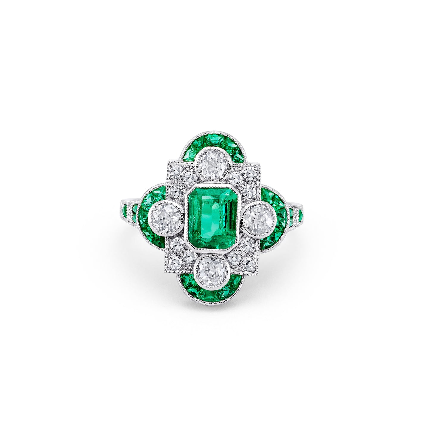 Art Deco Diamond Emerald Platinum Ring Handmade Certified Natural