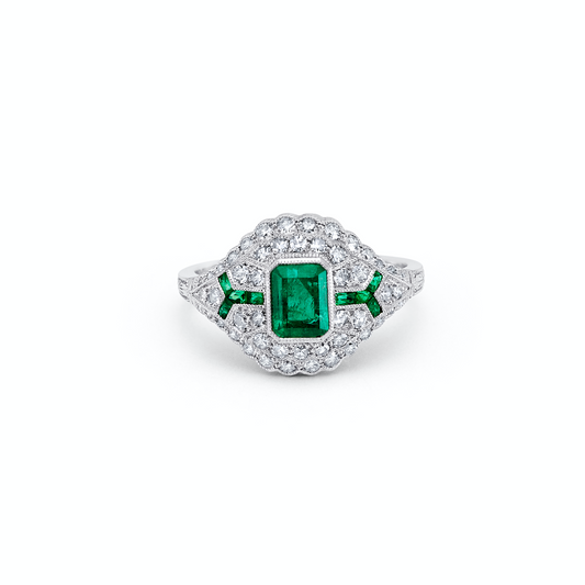 Diamond And Emerald Platinum Engagement Ring Art Deco Handmade Natural