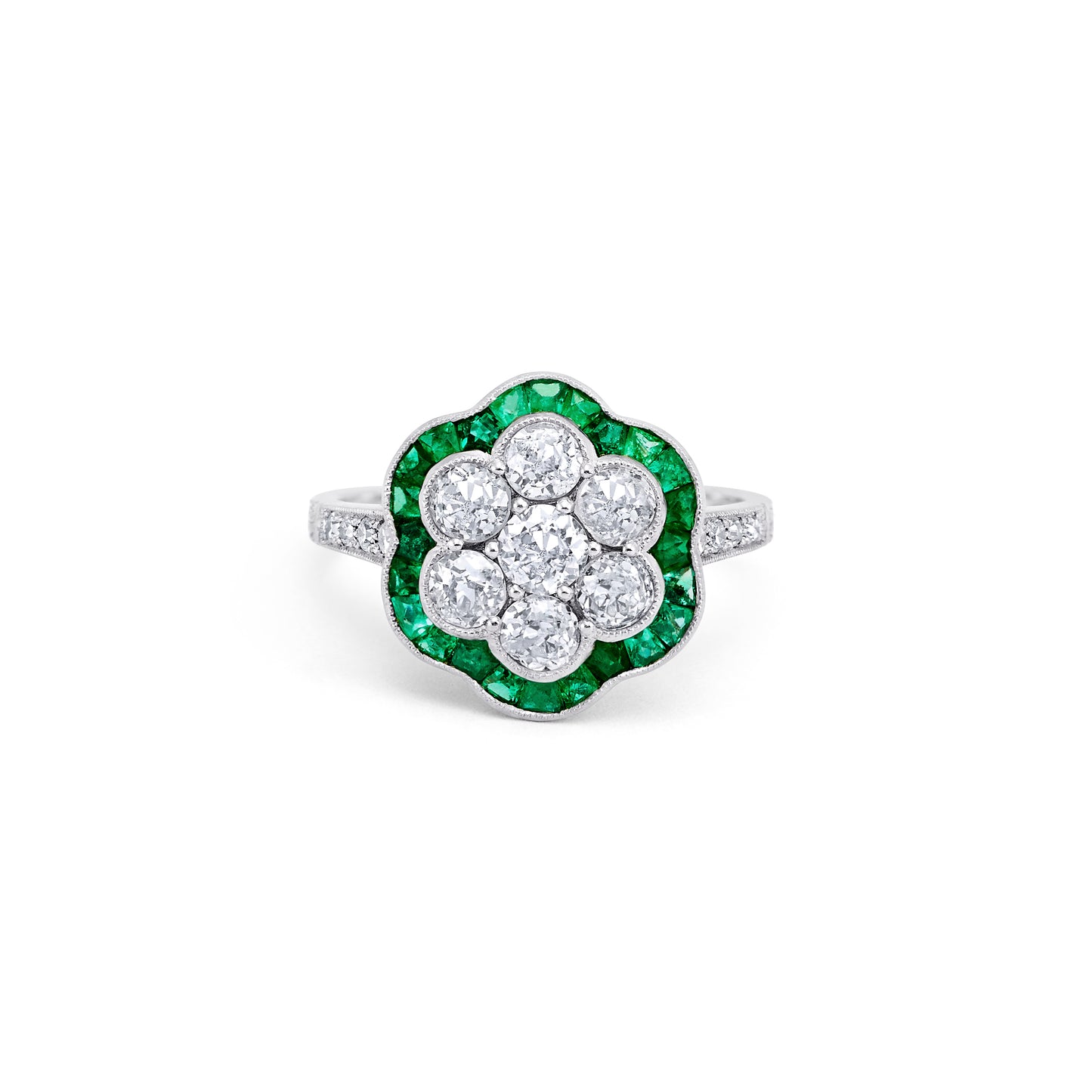 Platinum Diamond Flower Emerald Ring Cocktail Art Deco Certified Natural