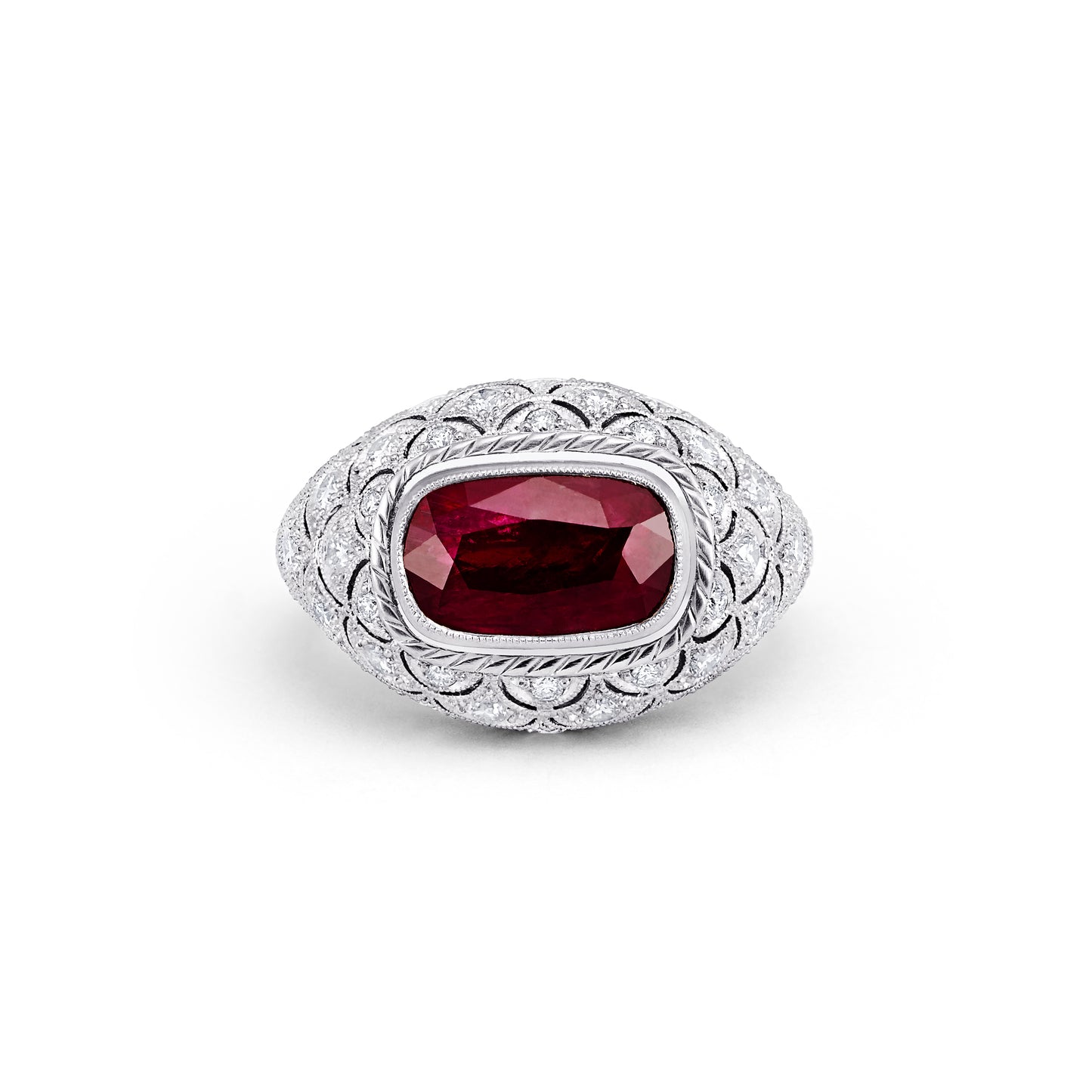 Unique Cushion Ruby Diamond Platinum Ring Hand Made Art Deco GIA