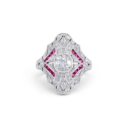 Platinum Diamond Ruby Ring Art Deco Handmade Natural