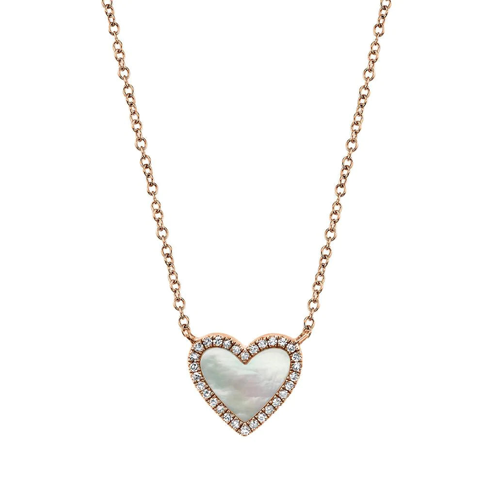 Mother Of Pearl Diamond Heart Pendant Necklace 14K Yellow Gold0.65 TCW Natural