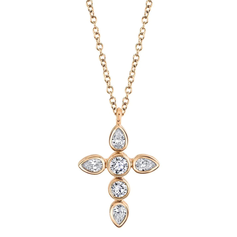 Diamond Cross Necklace 14K Yellow Gold Pear Round 0.42CT Natural Womens Pendant