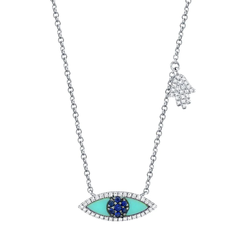 Sapphire Turquoise Diamond Evil Eye Hamsa Pendant Necklace 14k Rose Gold 0.51tcw