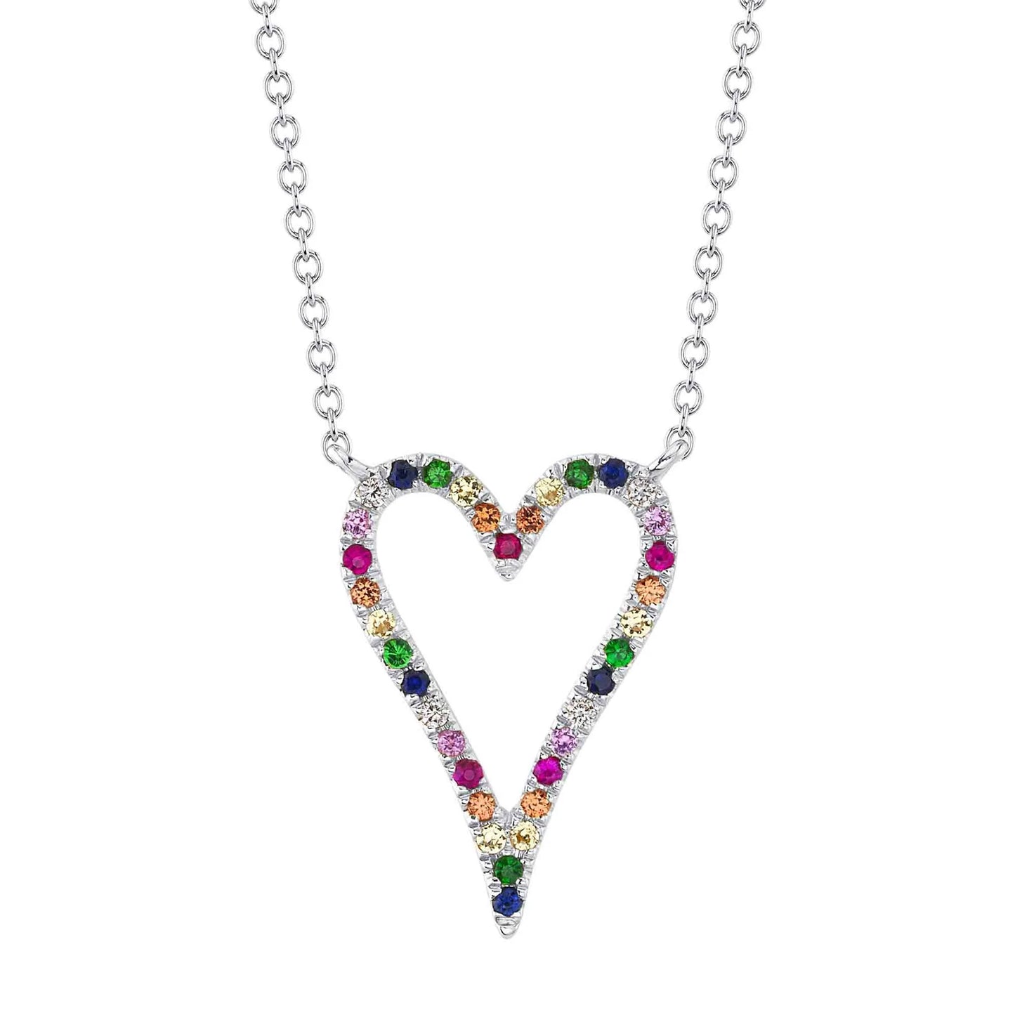 Multi Color Gemstone Diamond Rainbow Heart Necklace 14K Yellow Gold Pendant