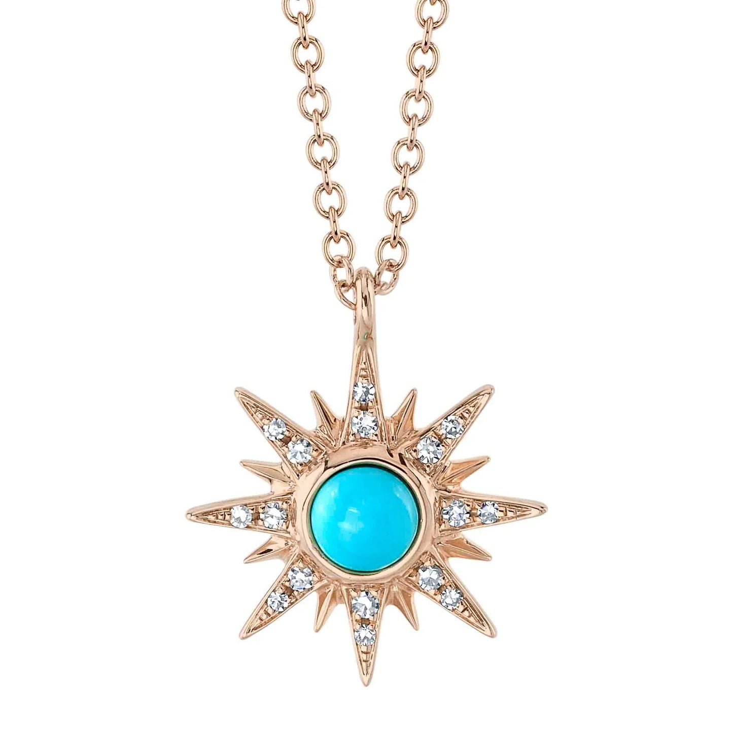 Turquoise Diamond Star Necklace 14K Yellow Gold Pendant Cabochon Round 0.25 TCW