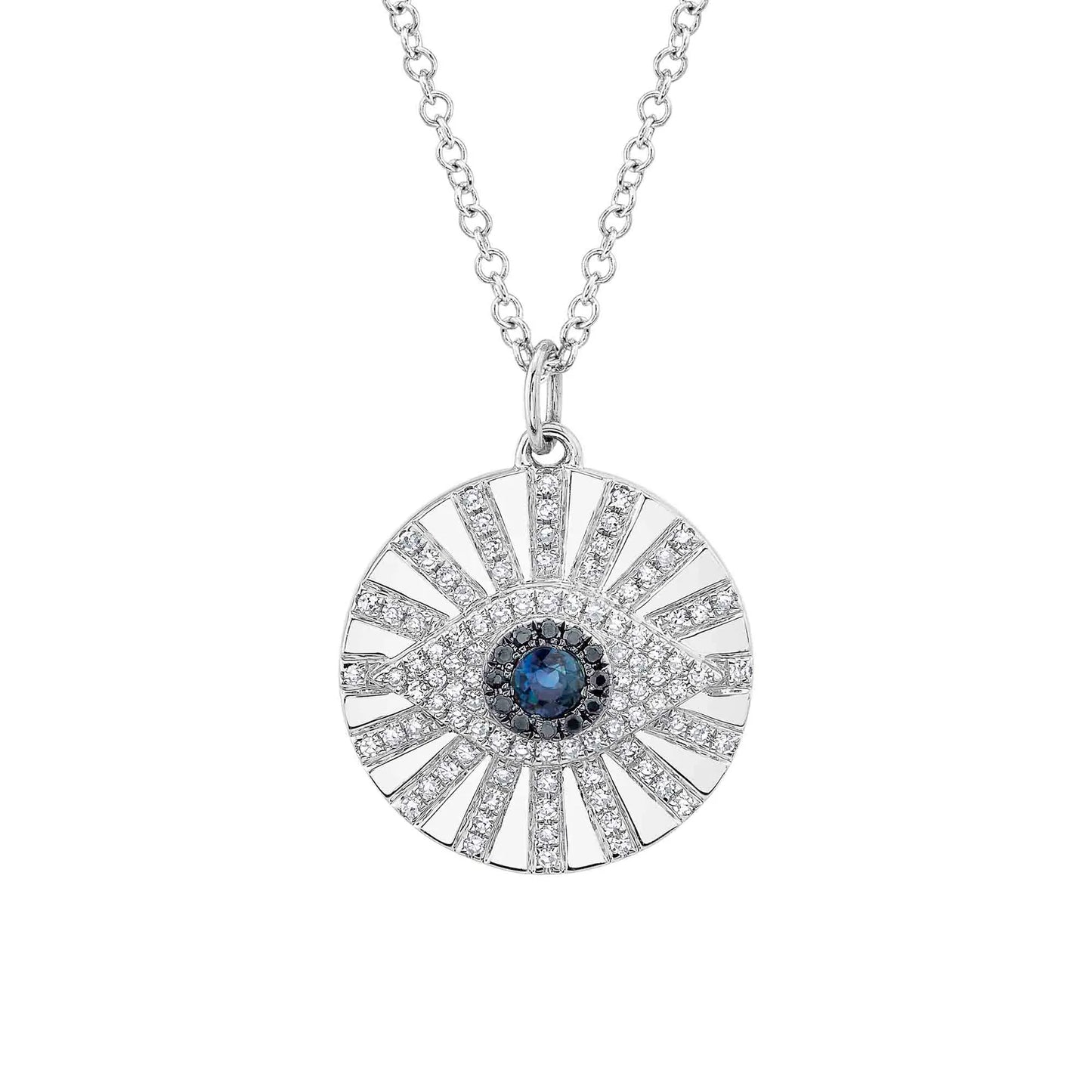14K Yellow Gold Eye Necklace Black White Diamond Blue Sapphire Circle Disc Evil