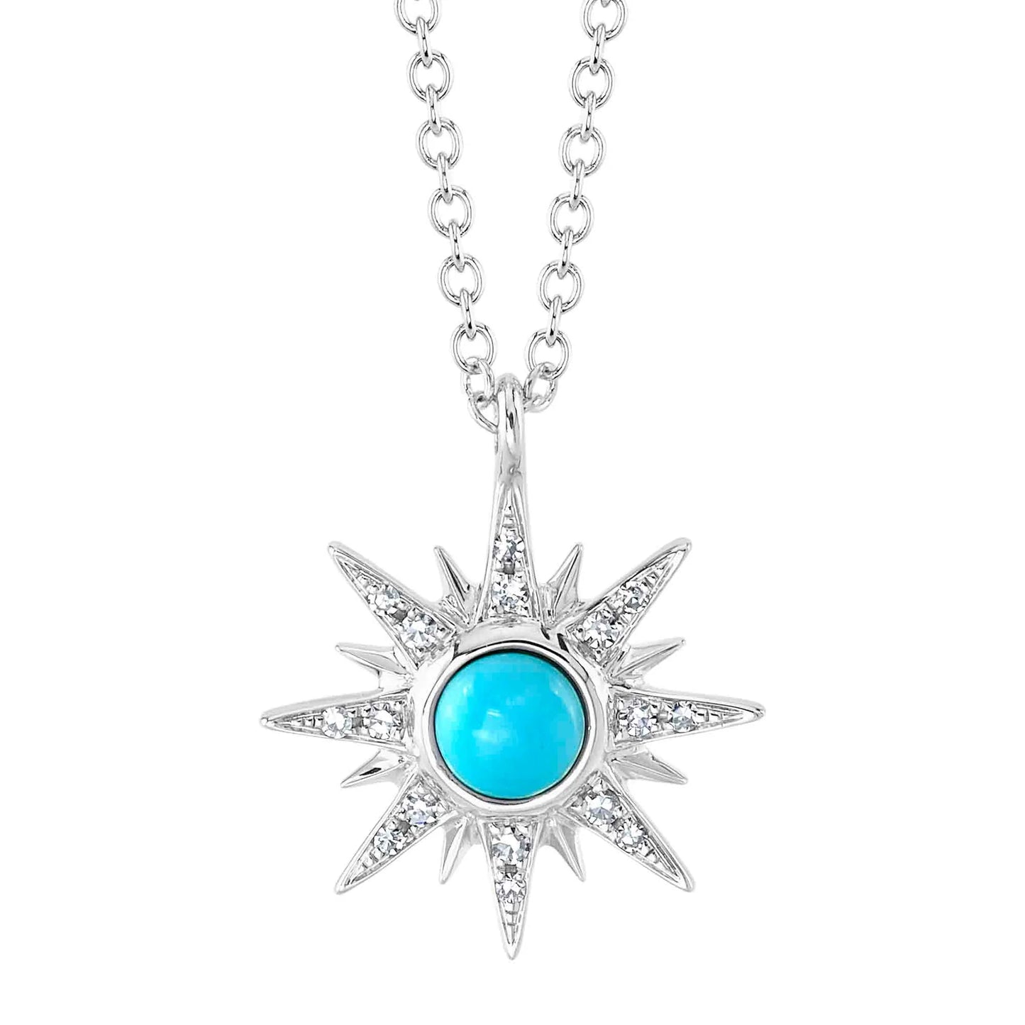 Turquoise Diamond Star Necklace 14K Yellow Gold Pendant Cabochon Round 0.25 TCW