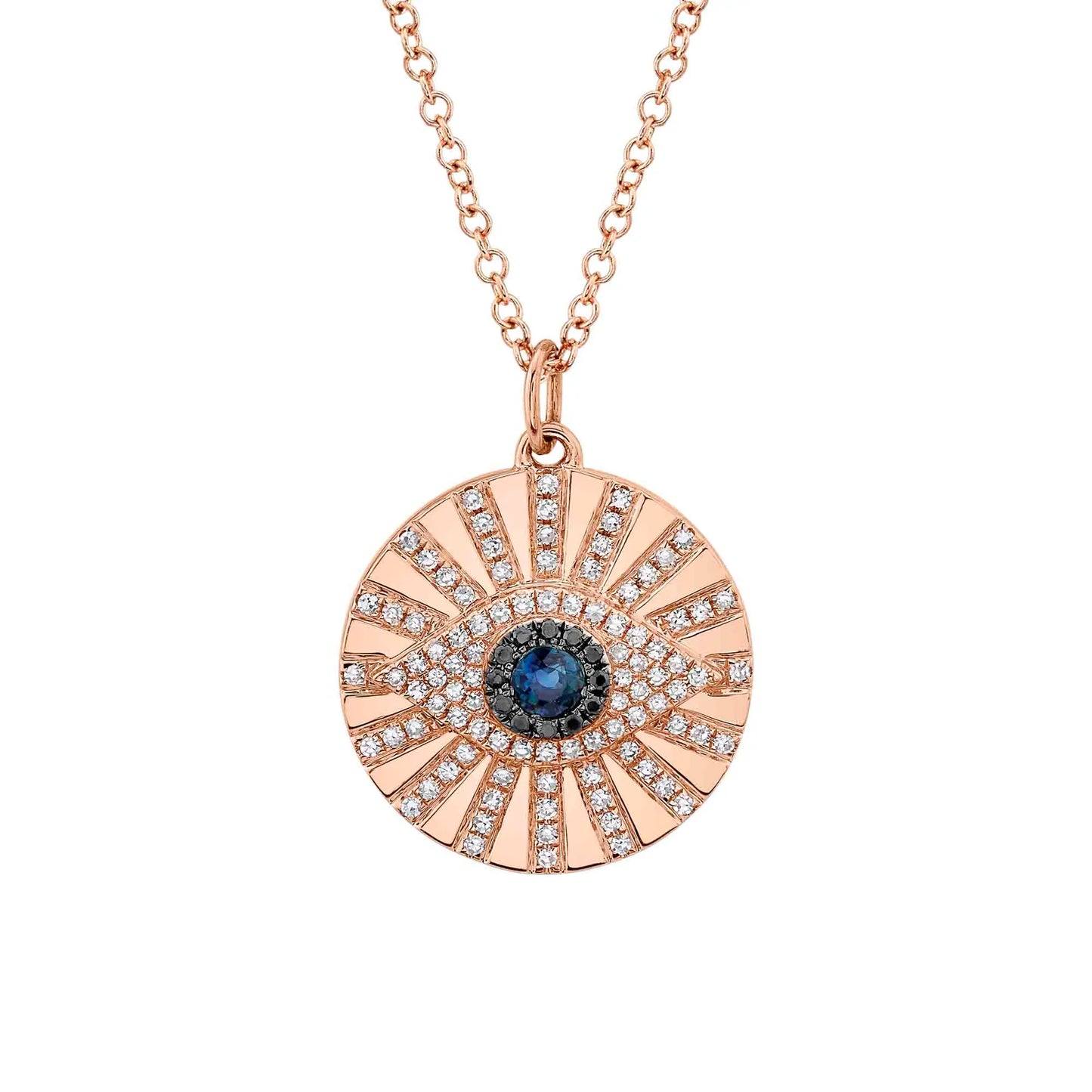 14K Yellow Gold Eye Necklace Black White Diamond Blue Sapphire Circle Disc Evil