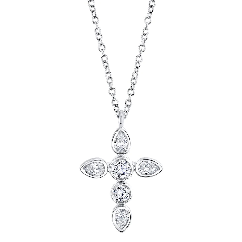 Diamond Cross Necklace 14K Yellow Gold Pear Round 0.42CT Natural Womens Pendant