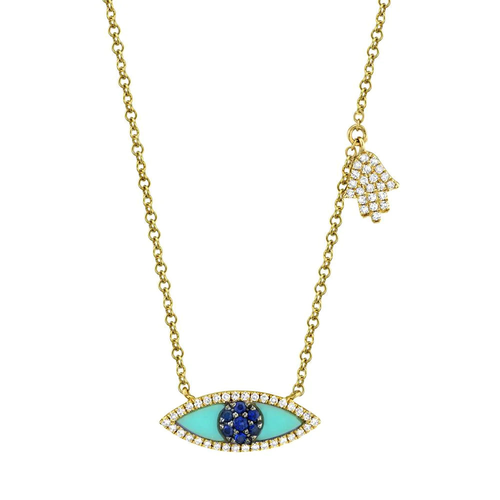 Sapphire Turquoise Diamond Evil Eye Hamsa Pendant Necklace 14k Rose Gold 0.51tcw