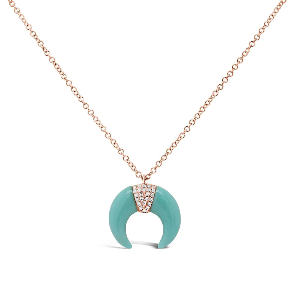 Diamond Turquoise Crescent Pendant Necklace 14k White Gold Natural Pave 1.84TCW