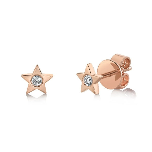 14K Gold 0.06CT Diamond Star Stud Earrings Round Cut Bezel Set Natural