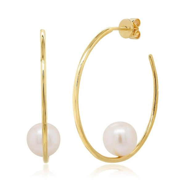 14K Gold Freshwater Pearl Hoop Earrings Natural Open Floating Unique