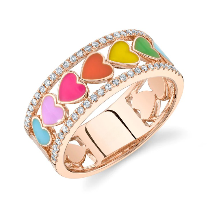 14K Gold 0.24 CT Diamond Multi-Color Heart Enamel Ring