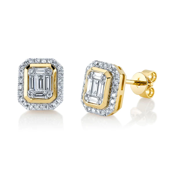 14K Gold Baguette Diamond Octagon Stud Earrings