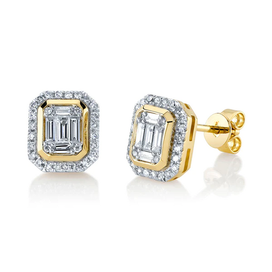 14K Gold Baguette Diamond Octagon Stud Earrings