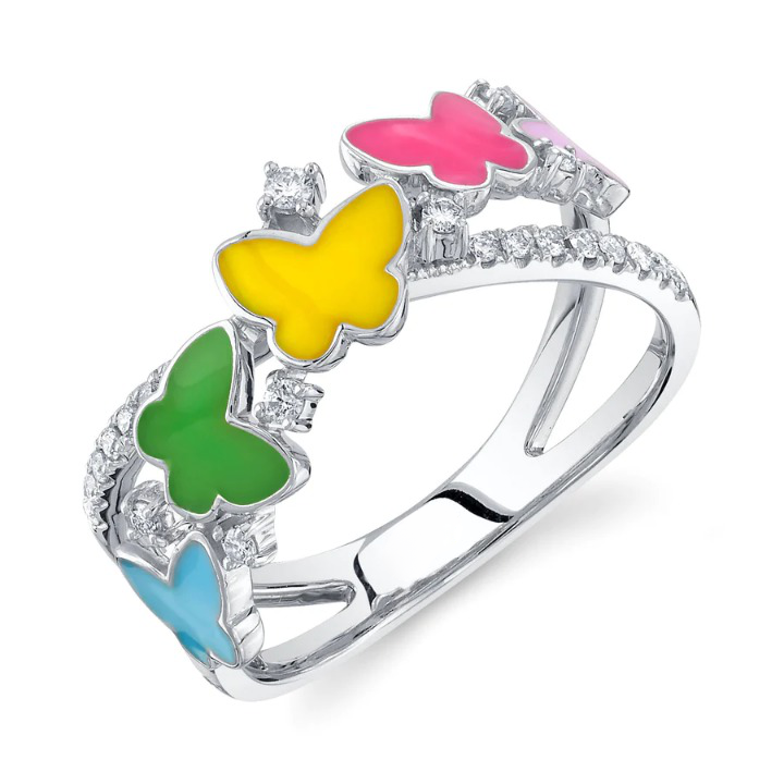 14K Gold Diamond Multi-Color Butterfly Enamel Ring