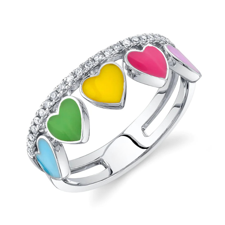 14K Gold 0.15 CT Diamond Multi-Color Heart Enamel Ring